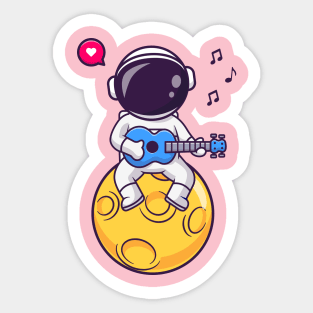 Cute Astronaut Playing Guitar Music On Moon Cartoon Sticker